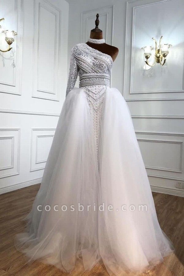 Elegant One Shoulder Long Sleeve Appliques Lace Pearl Floor-length Tulle A-line Prom Dress