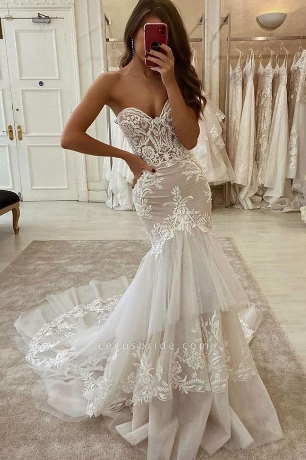 Charming Sweetheart Mermaid Appliques Lace Ruffles Tulle Wedding Dress
