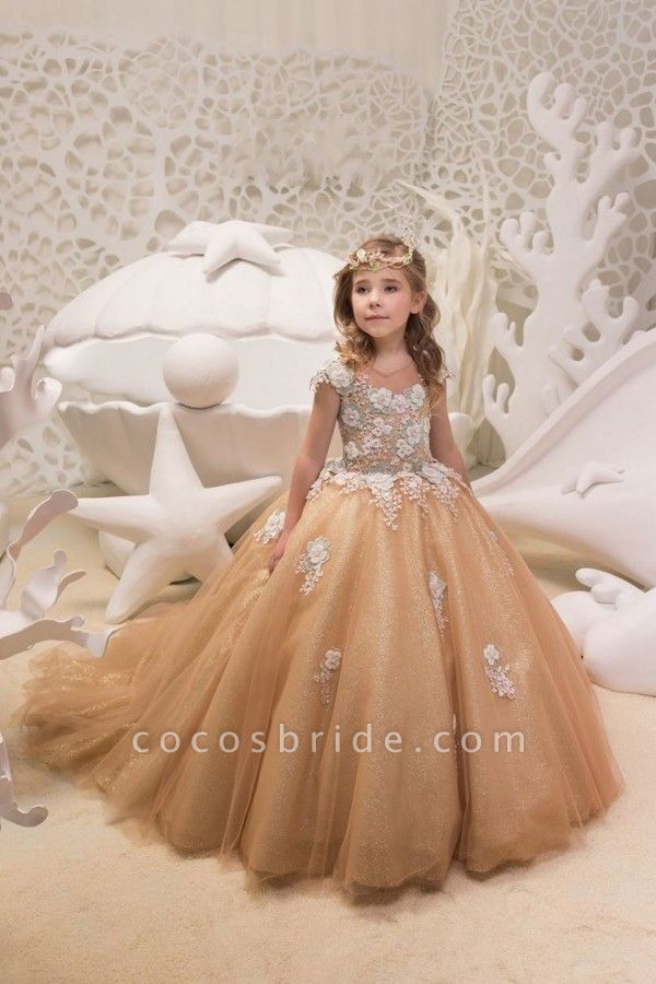 Beautiful A-line Bateau Appliques Lace Sequins Tulle Train Flower Girl Dress