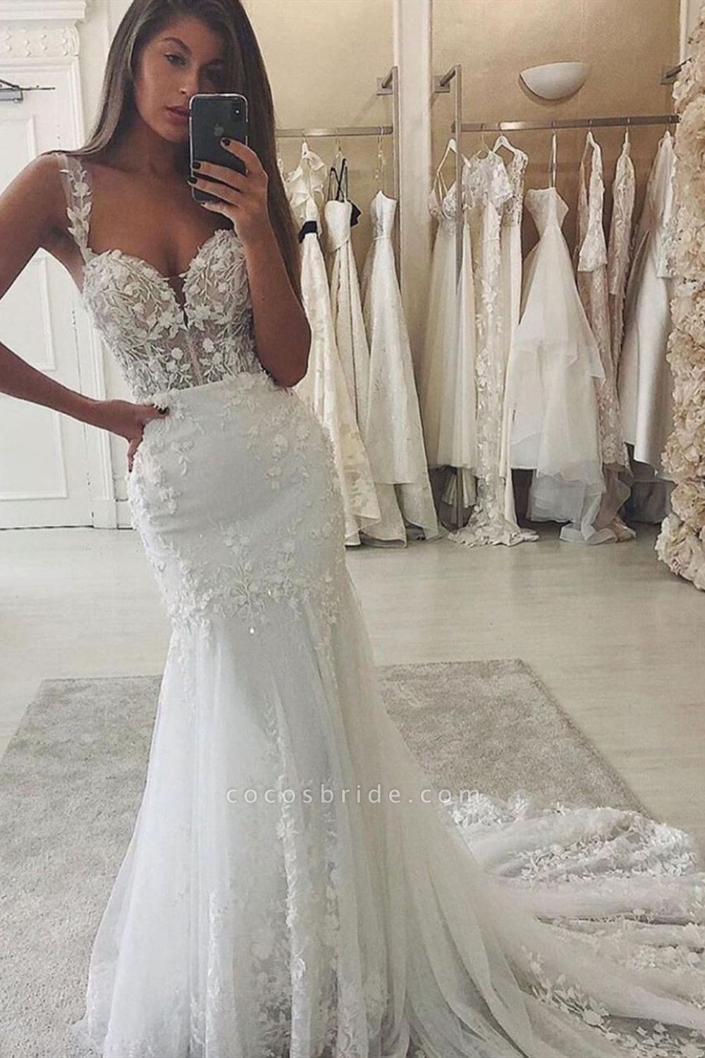 Sweetheart Spaghetti Straps Tulle Appliques Lace Mermaid Wedding Dress ...