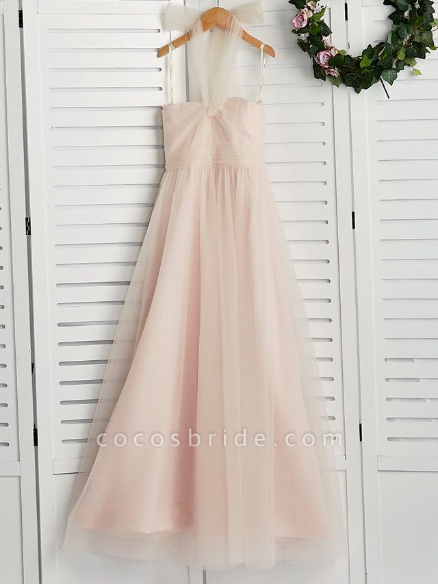 A-Line Halter Neck Floor Length Tulle Junior Bridesmaid Dress With Ruching