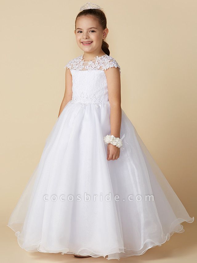 Ball Gown Ankle Length Wedding / First Communion Flower Girl Dresses - Lace / Tulle Short Sleeve Jewel Neck With Beading / Appliques