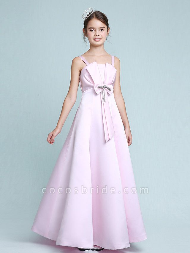 Princess / A-Line Spaghetti Strap Floor Length Stretch Satin Junior Bridesmaid Dress With Bow(S) / Beading / Empire / Spring / Summer / Fall / Winter