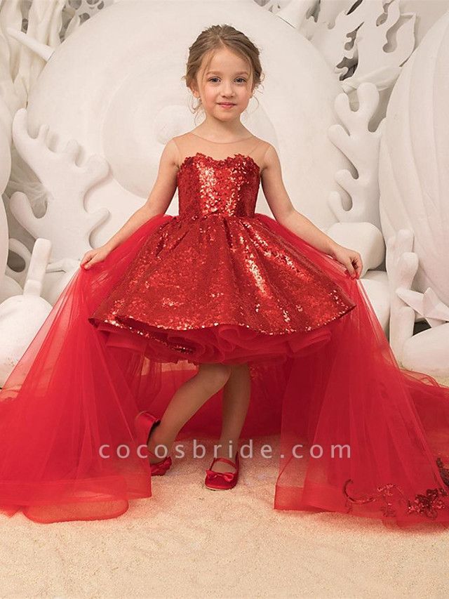 Princess / Ball Gown Sweep / Brush Train Wedding / Party Flower Girl Dresses - Lace / Tulle Sleeveless Illusion Neck With Bow(S) / Tier / Paillette