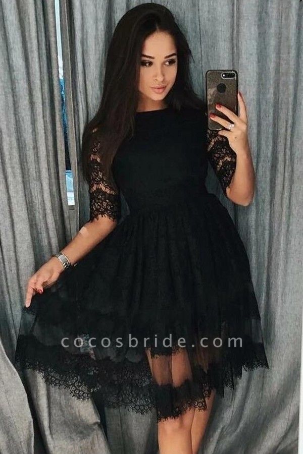 Modest Black A-line Long Sleeve Appliques Lace Knee-length Prom Dresses