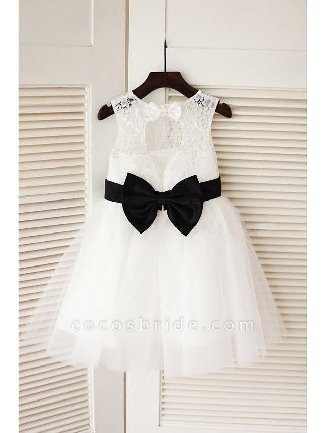 A-Line Tea Length Wedding / First Communion Flower Girl Dresses - Lace / Satin / Tulle Sleeveless Jewel Neck With Belt