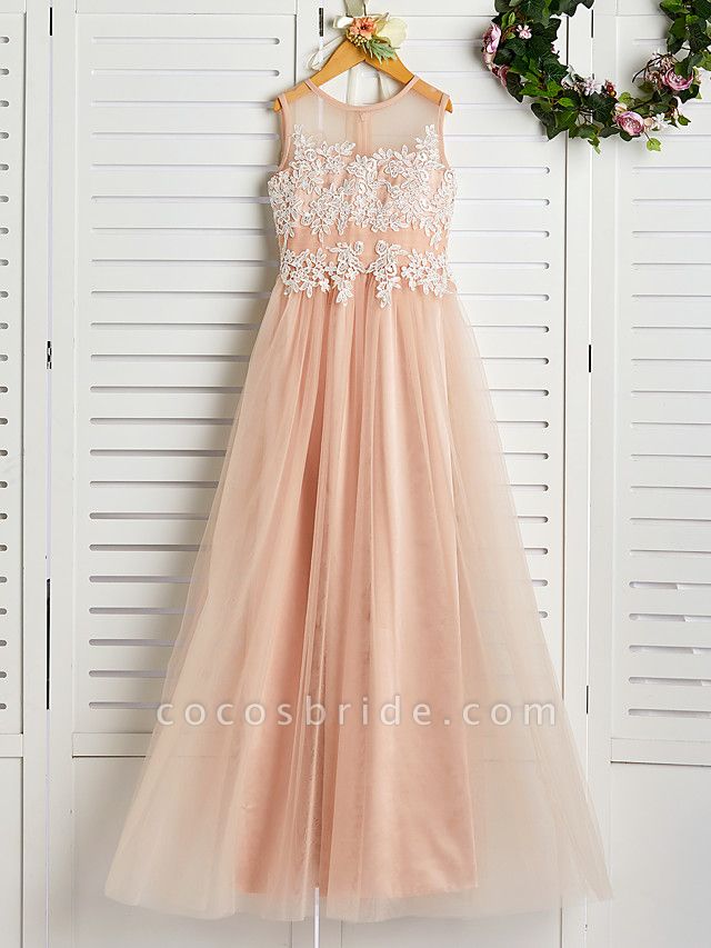 A-Line Jewel Neck Sweep / Brush Train Lace / Tulle Junior Bridesmaid Dress With Appliques