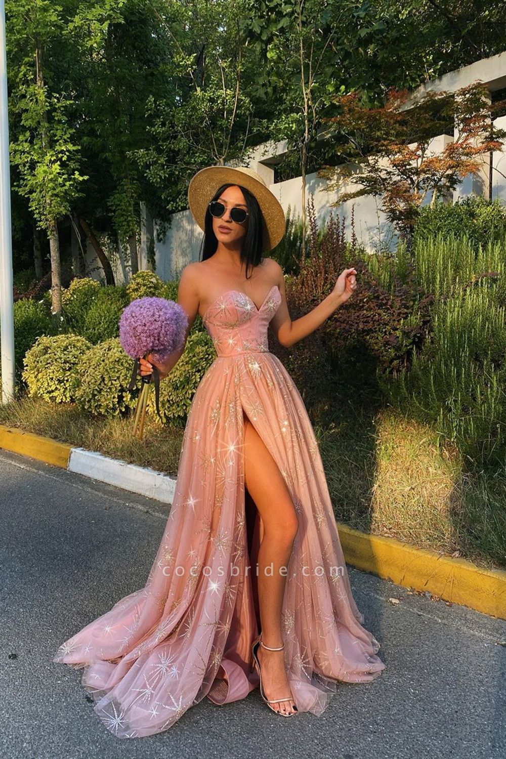 Sexy Long A-line Sweetheart Sequined Tulle Formal Prom Dress with Slit
