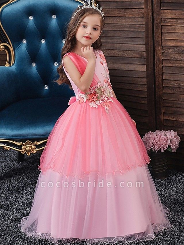 Princess / Ball Gown Floor Length Wedding / Party Flower Girl Dresses - Tulle Sleeveless Jewel Neck With Bow(S) / Appliques