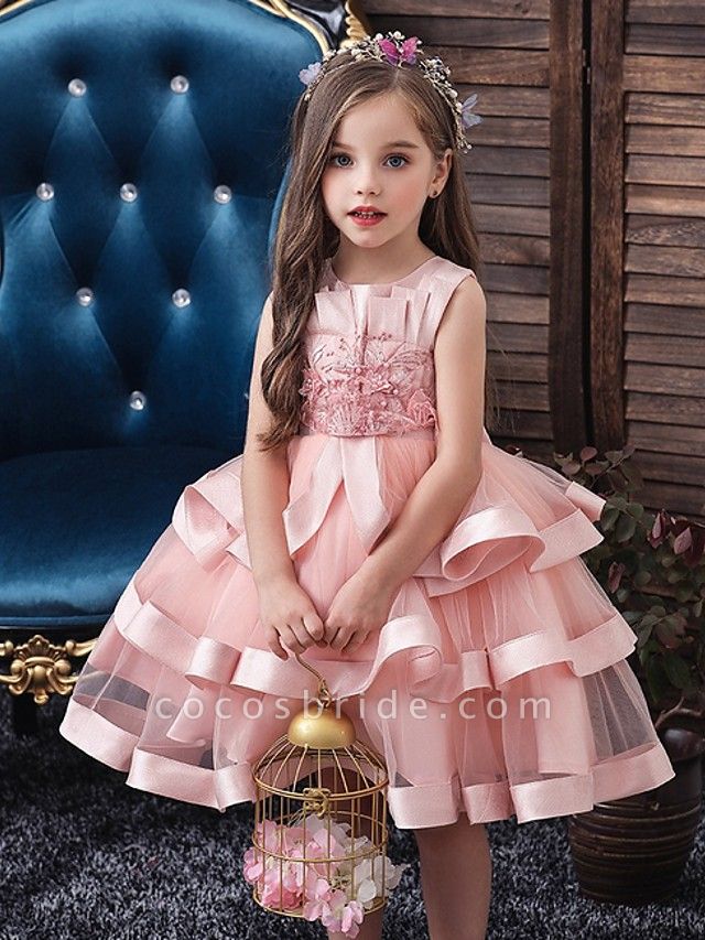 Princess / Ball Gown Knee Length Wedding / Party Flower Girl Dresses - Tulle Sleeveless Jewel Neck With Bow(S) / Appliques / Cascading Ruffles