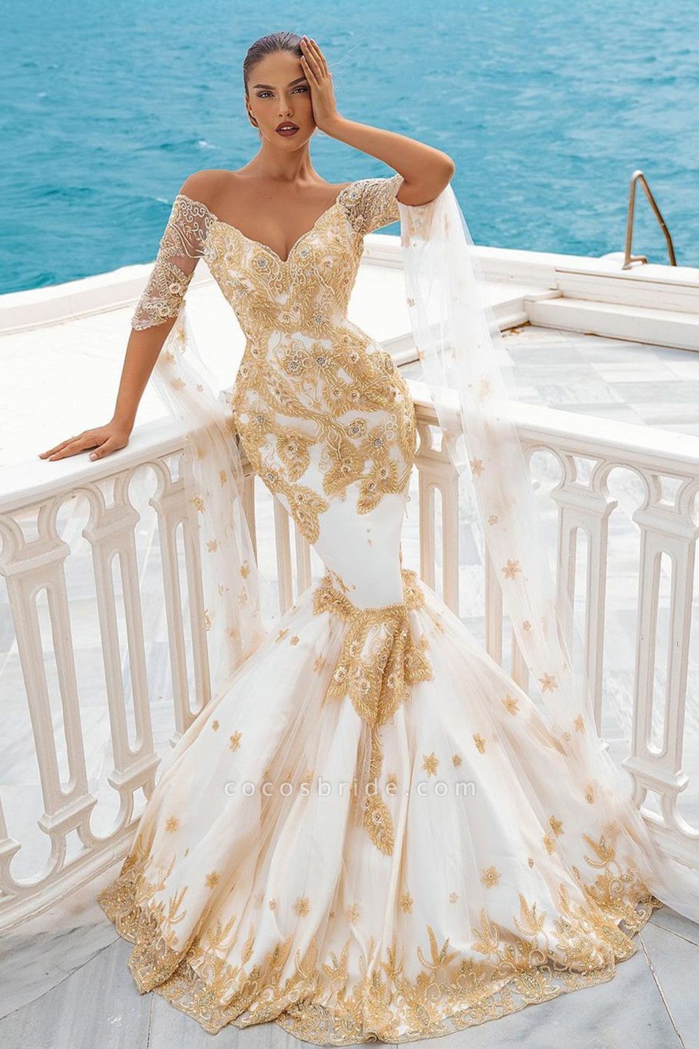 Long Mermaid Off the Shoulder Gold Appliques Lace Wedding Dress with Half Sleeve Cape