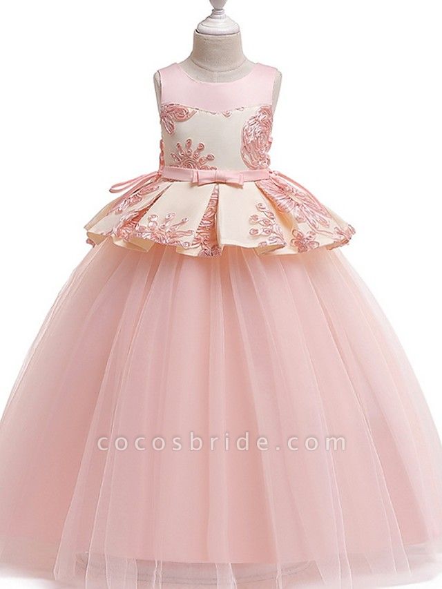 Princess Round Floor Length Cotton Junior Bridesmaid Dress With Bow(S) / Appliques