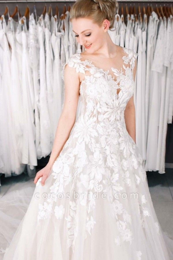 Beautiful A-Line Bateau Appliques Lace Pearl Floor-length Tulle Wedding Dress