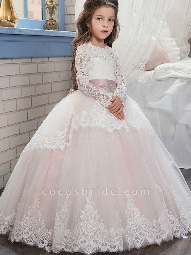 Ball Gown Sweep / Brush Train Wedding / Birthday / Pageant Flower Girl Dresses - Lace / Tulle / Cotton Long Sleeve Jewel Neck With Lace / Belt / Embroidery