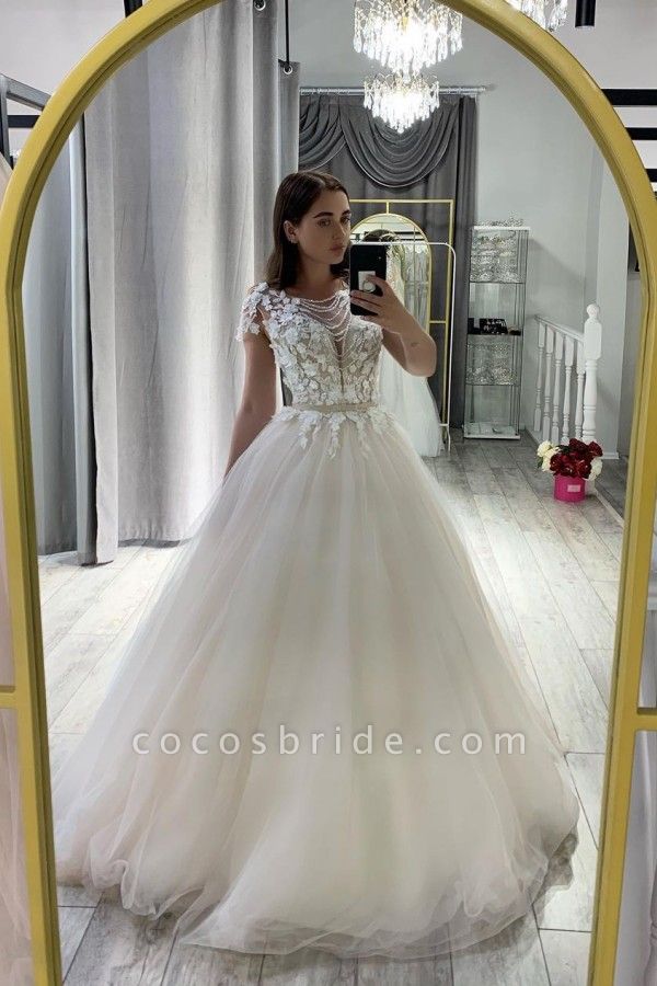 Classy Bateau Appliques Lace Tulle Floor-length A-Line Wedding Dress With Bowknot Sash