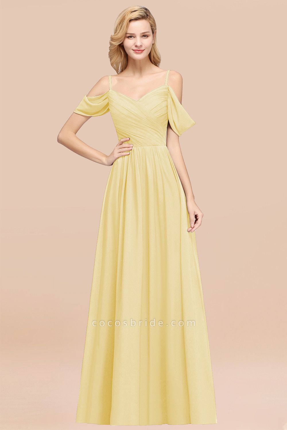 A-Line Chiffon V-Neck Spaghetti Straps Short-Sleeves Floor-Length Bridesmaid Dresses with Ruffles
