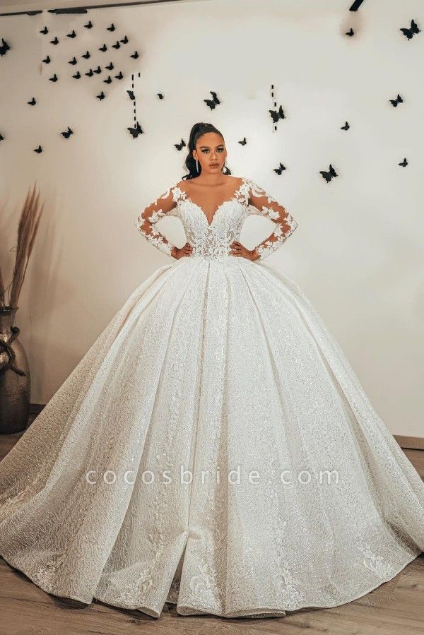 Gorgeous Ball Gown Sweetheart Long Sleeve Appliques Lace Sequins Ruffles Wedding Dress