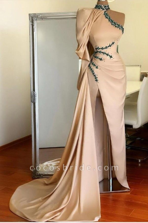 Elegant High Neck One Shoulder Long Sleeve Crystal Mermaid Prom Dress With Split