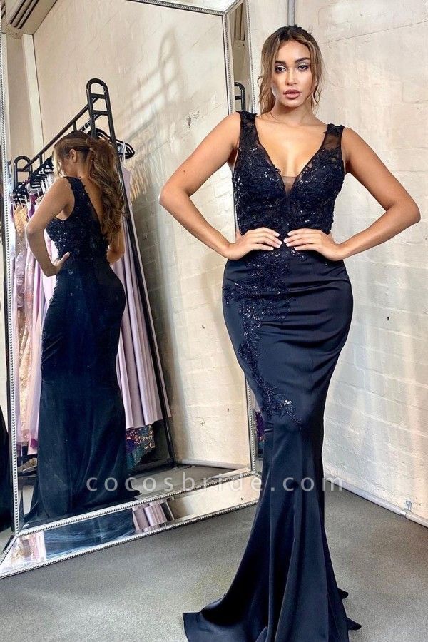 Sexy V-neck Appliques Lace Beading Backless Floor-length Mermaid Prom Dress