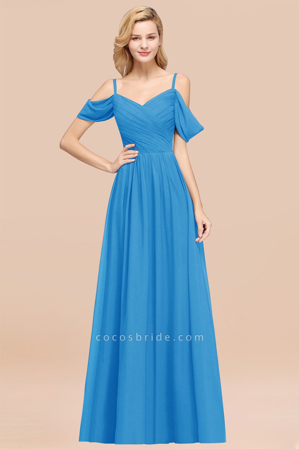 A-Line Chiffon V-Neck Spaghetti Straps Short-Sleeves Floor-Length Bridesmaid Dresses with Ruffles