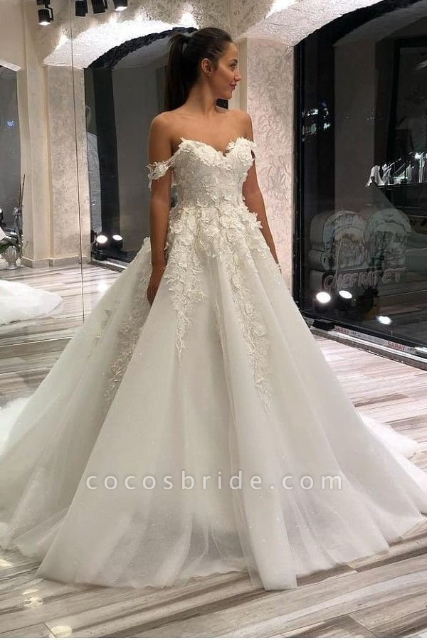 Beautiful A-Line Sweetheart Off-the-Shoulder Appliques Lace Tulle Wedding Dress