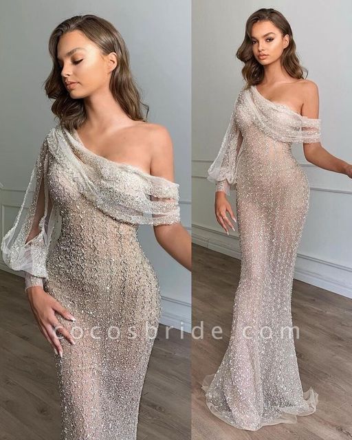 Sexy One Shoulder Sequins Floor-length Mermaid Prom Dress With Puffy Sleeves