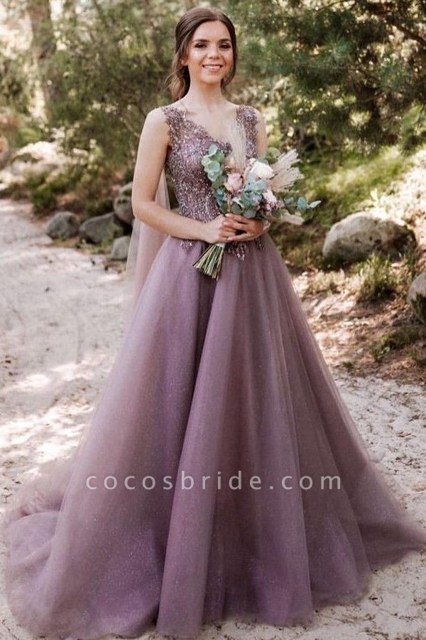 Beautiful Long A-line V-neck Tulle Sleeveless Prom Dress