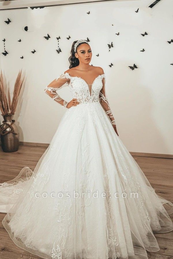 Classy A-Line Sweetheart Long Sleeve Appliques Lace Floor-length Tulle Wedding Dress