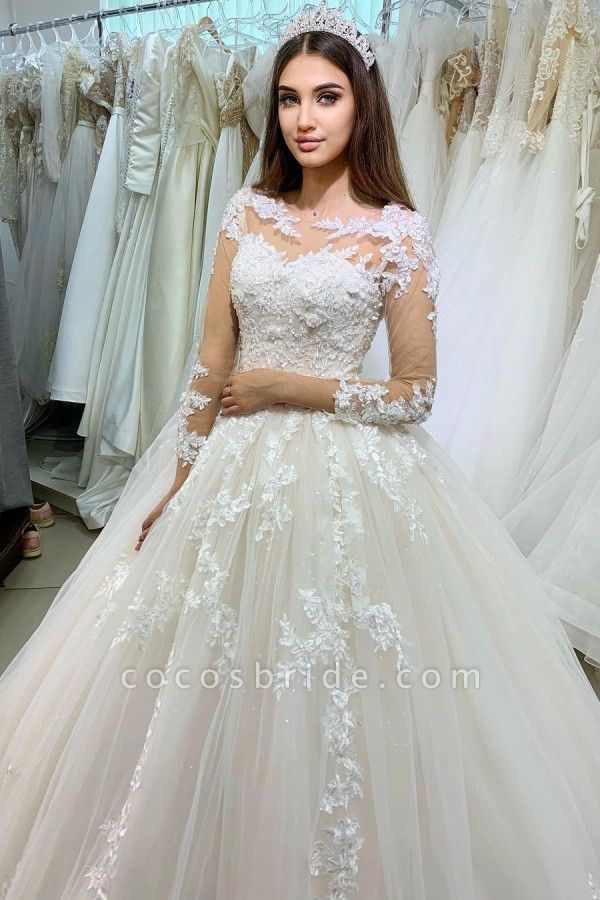 Classy Bateau Long Sleeve Appliques Lace Tulle Floor-length Princess Wedding Dress