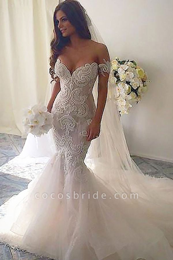 SD2081 Mermaid Style Chapel Train Off-the-Shoulder Tulle Wedding Dresses
