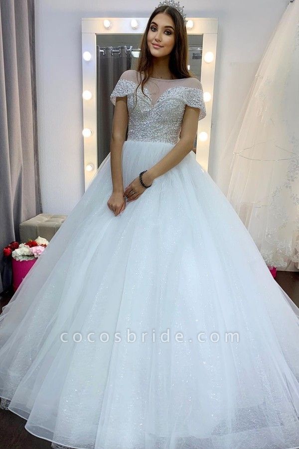 Elegant A-Line Bateau Sequins Crystal Short Sleeve Tulle Train Wedding Dress