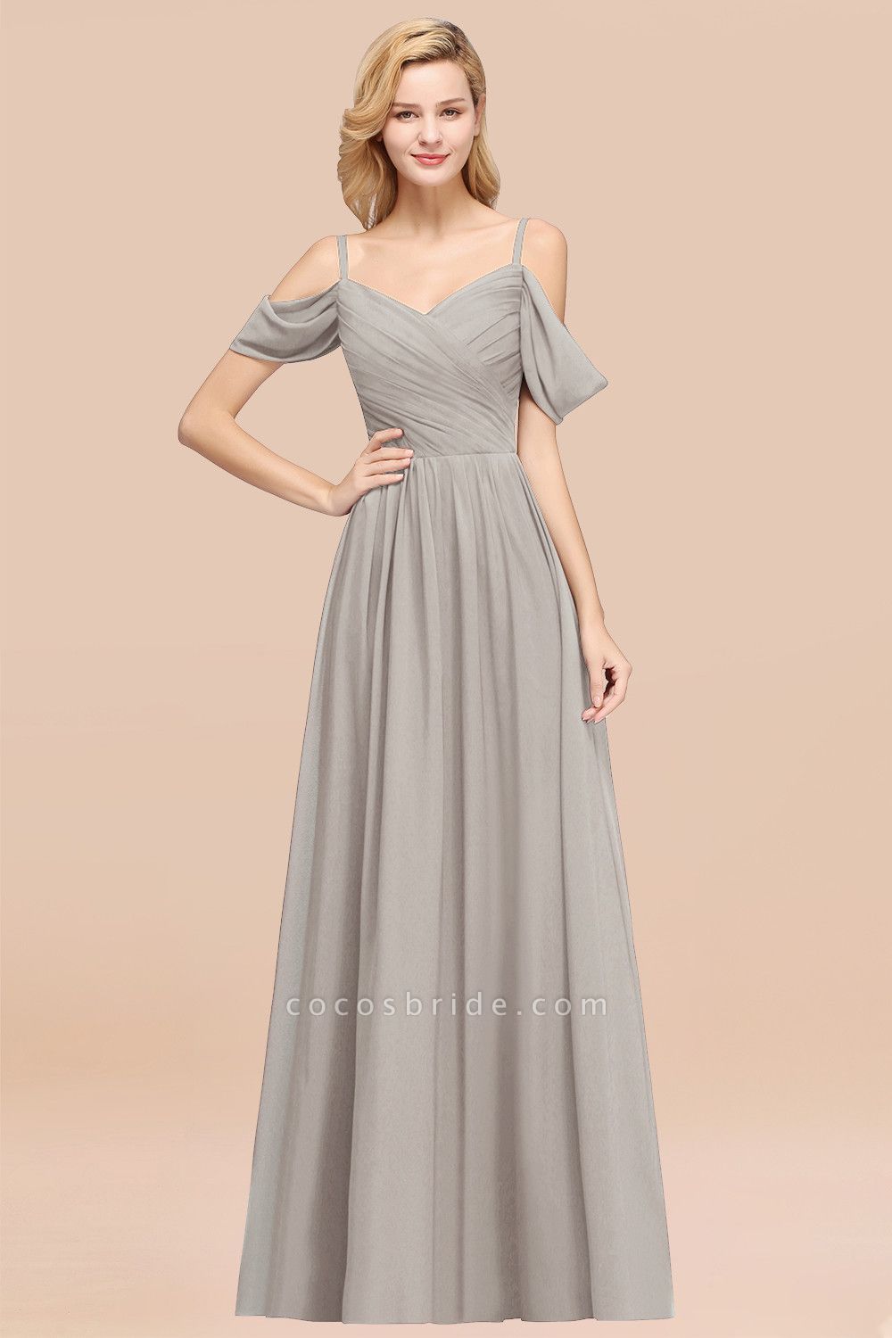 A-Line Chiffon V-Neck Spaghetti Straps Short-Sleeves Floor-Length Bridesmaid Dresses with Ruffles