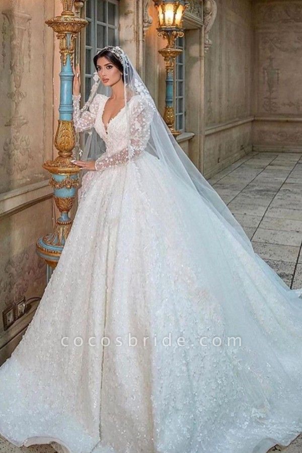 Gorgeous A-Line Deep V-neck Appliques Lace Long Sleeve Train Wedding Dress