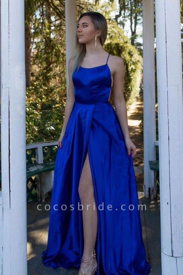 Simple Long A-line Spaghetti Straps Stain Backless Prom Dress With Slit