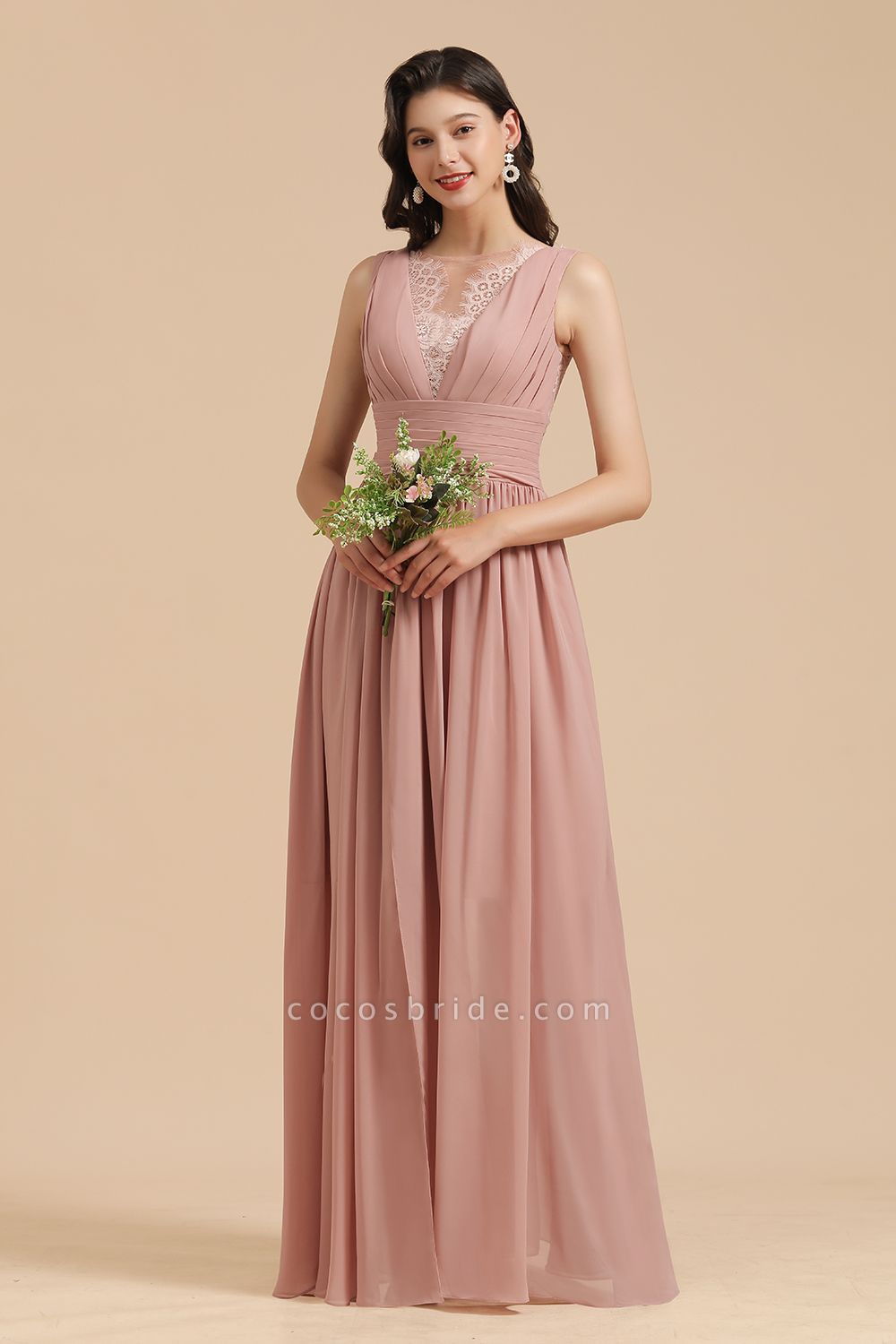 BM2006 Elegant A-line Straps Dusty Rose Lace Tulle Long Bridesmaid Dress