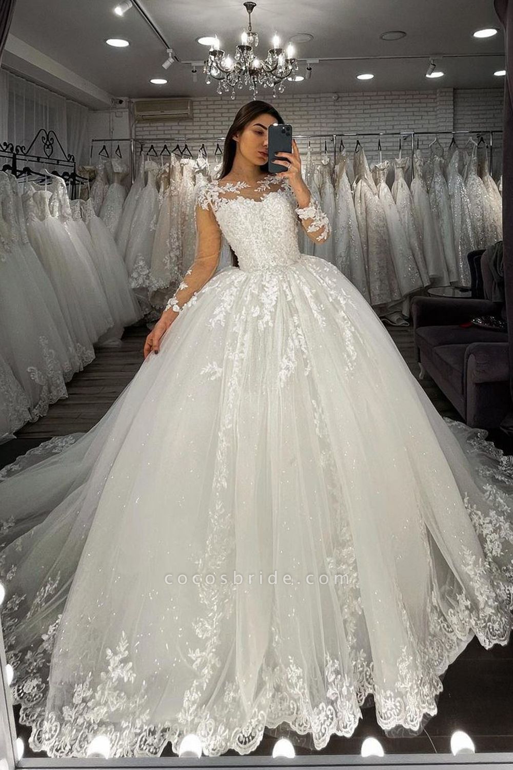 BC5615 Long Sleeve Appliques Sheer Tulle Ball Gown Wedding Dress