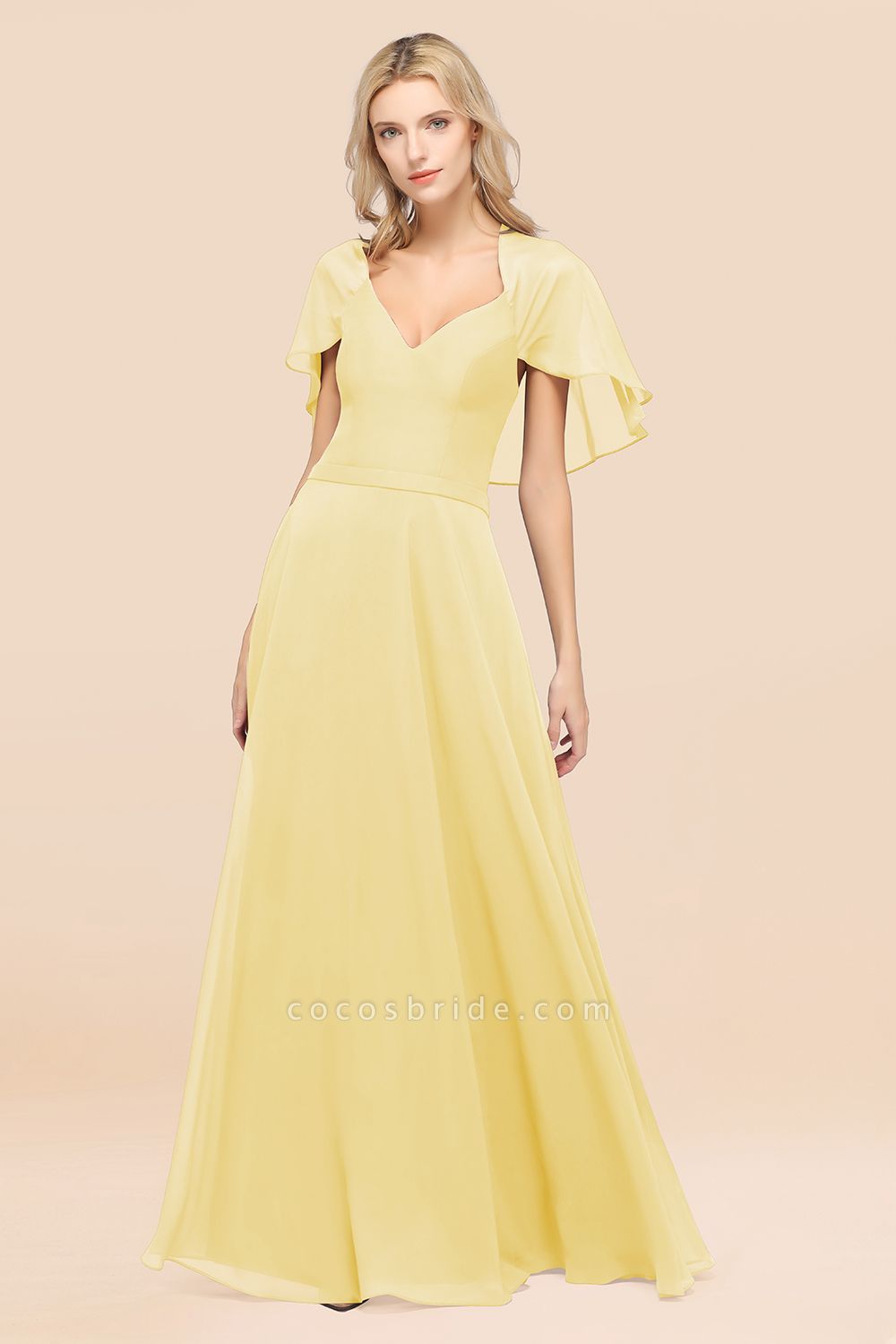 A-Line aus Chiffon, Satin mit V-Ausschnitt, kurzen Ärmeln, bodenlangen Kleid für Brautjungfer