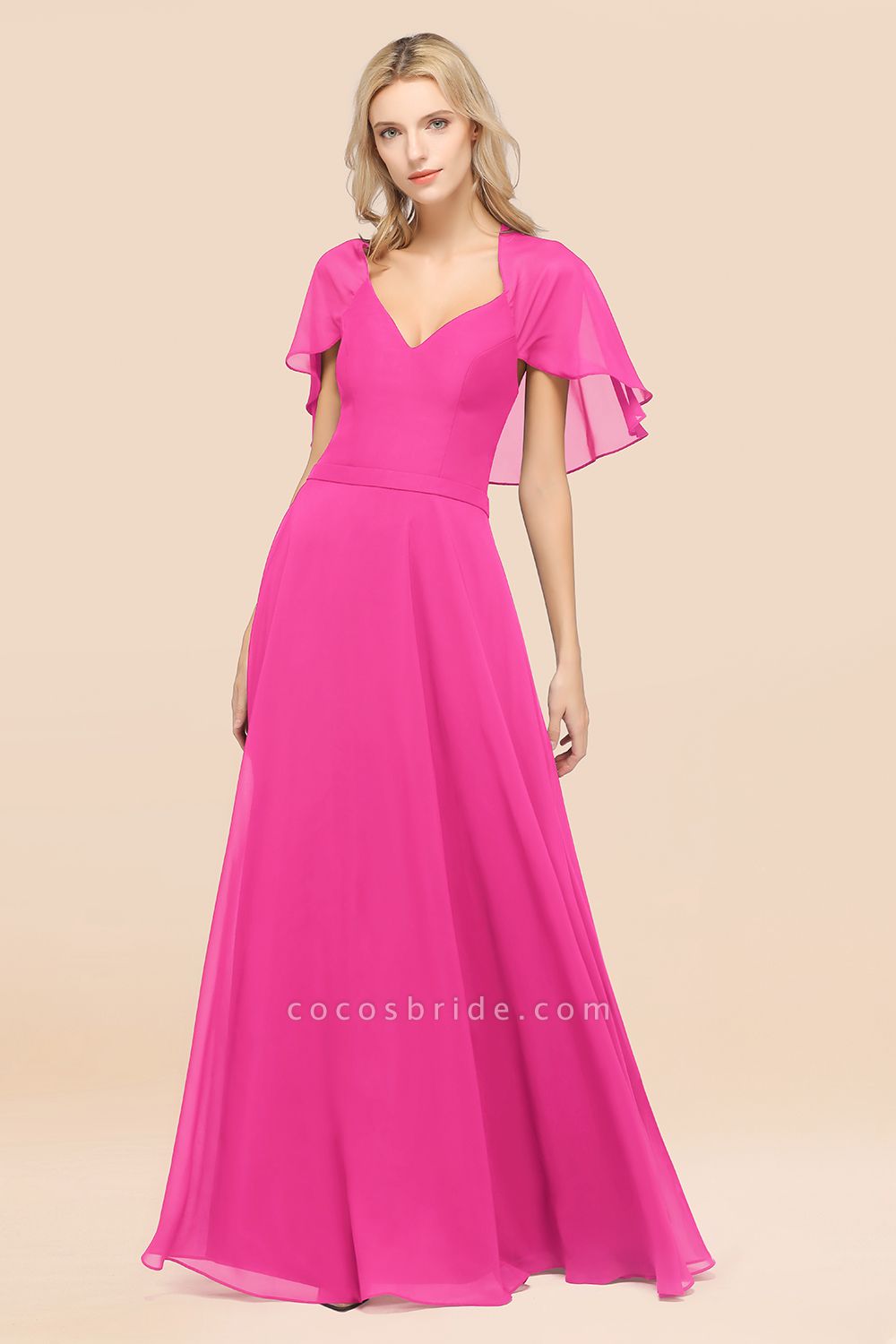 A-Line aus Chiffon, Satin mit V-Ausschnitt, kurzen Ärmeln, bodenlangen Kleid für Brautjungfer