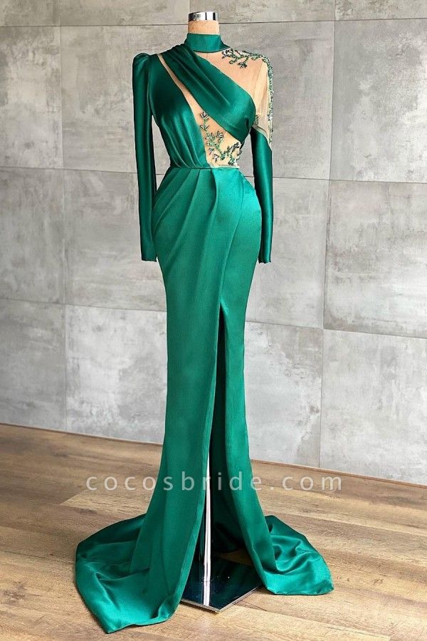 Simple High Neck Long Sleeve Appliques Lace Floor-length Ruffles Mermaid Prom Dress With Split