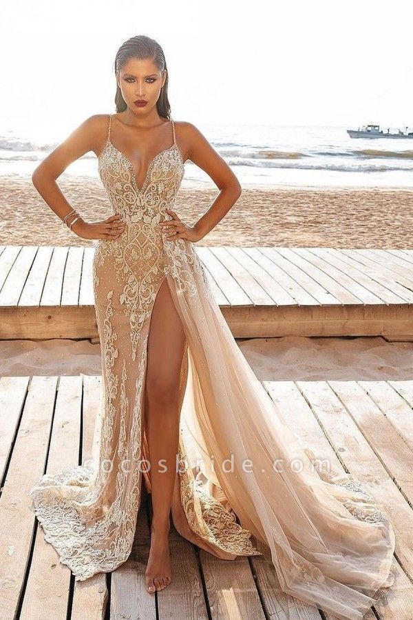 Sexy Deep V-neck Spaghetti Straps Appliques Lace Pearl Tulle Split Mermaid Prom Dress
