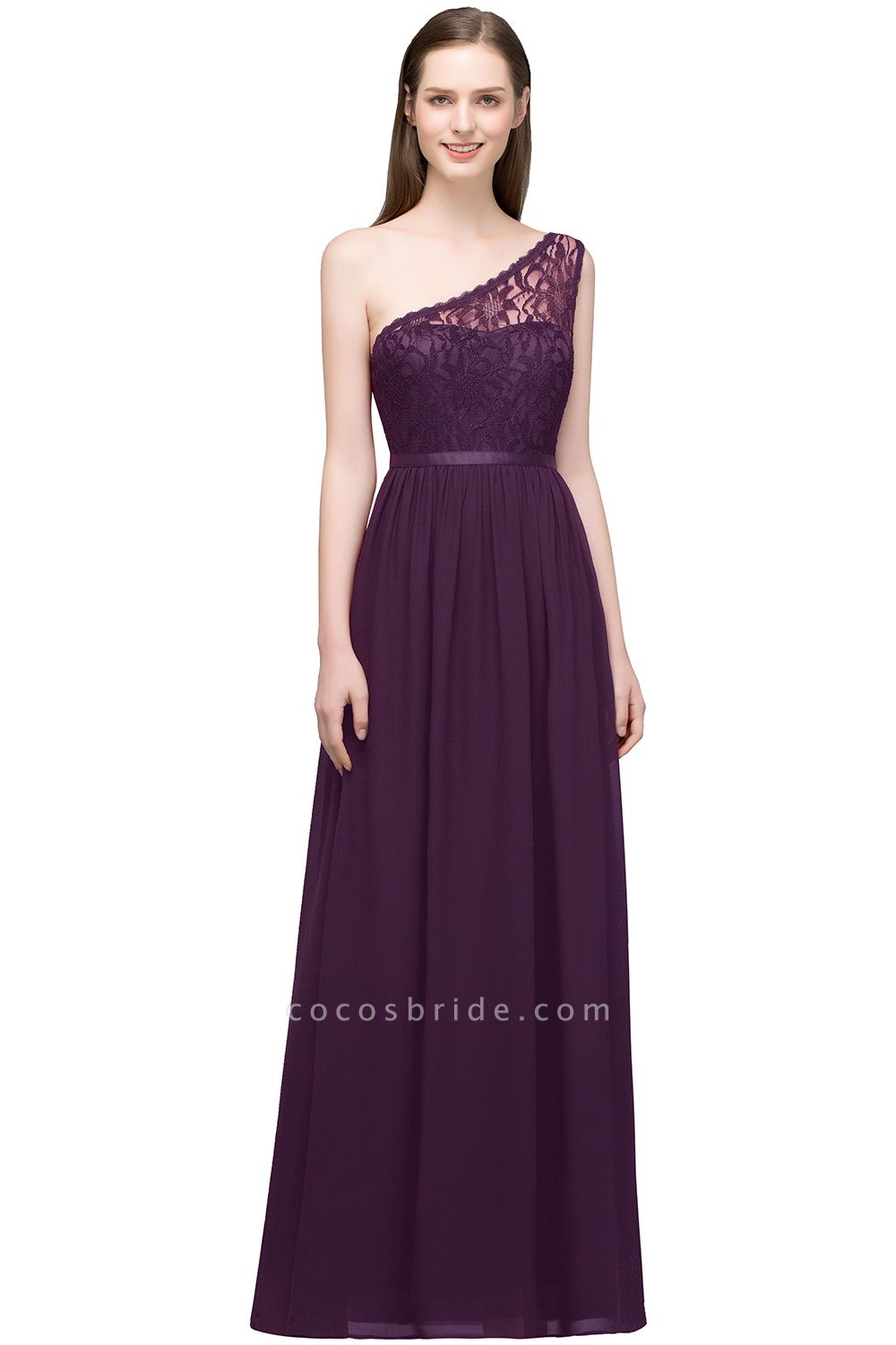 SYBIL | A-line One-shoulder Floor Length Lace Chiffon Bridesmaid Dresses with Sash