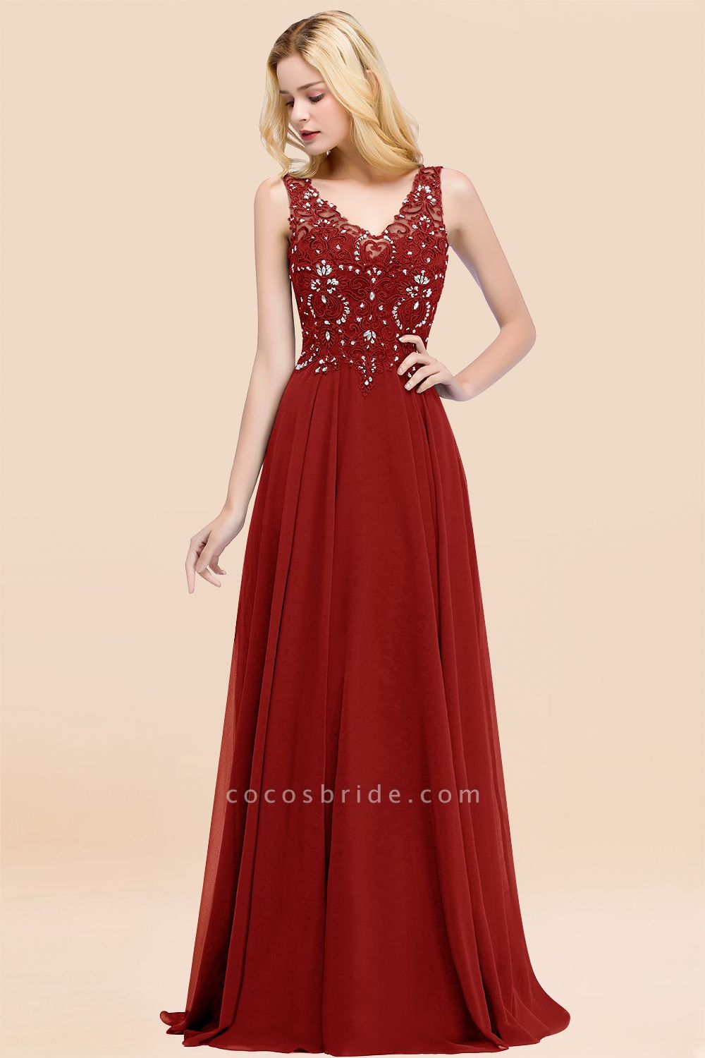 BM0324 Dusty Rose Lace V-Neck Long Bridesmaid Dresses With Appliques