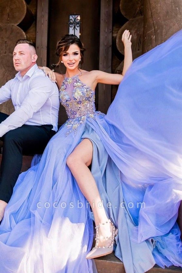 Sexy Long A-line Halter Tulle Prom Dress with Slit