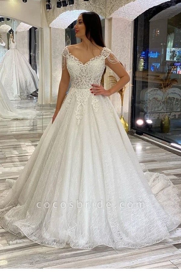 Elegant A-Line Sequins Appliques Lace Sweetheart Backless Train Wedding Dresses