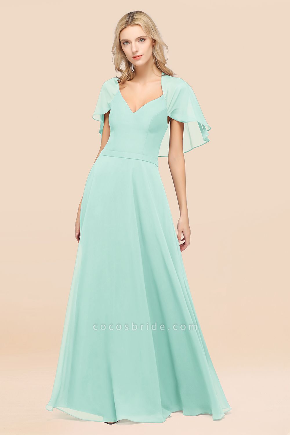 A-Line Chiffon Satin V-Neck short-sleeves Floor-Length Bridesmaid Dress