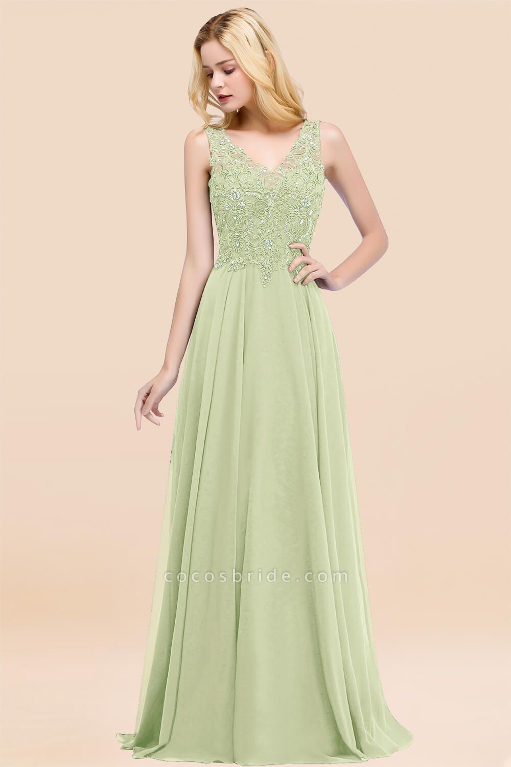 A-line Chiffon Appliques V-neck Sleeveless Floor-Length Bridesmaid Dresses with Crystals