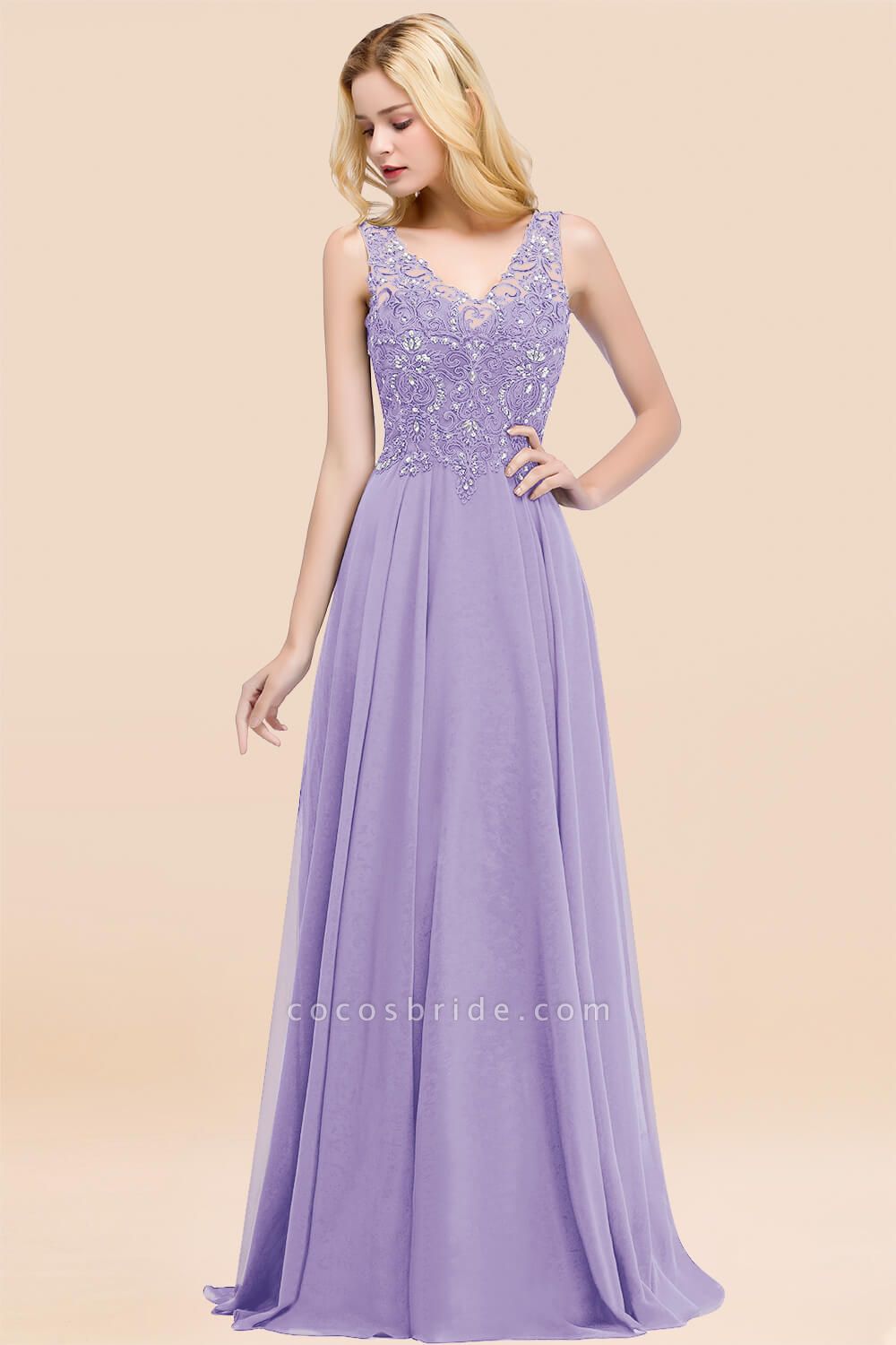 A-line Chiffon Appliques V-neck Sleeveless Floor-Length Bridesmaid Dresses with Crystals