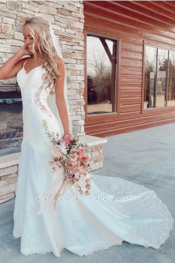 Sexy Spaghetti Straps V-neck Appliques Lace Floor-length Mermaid Wedding Dress