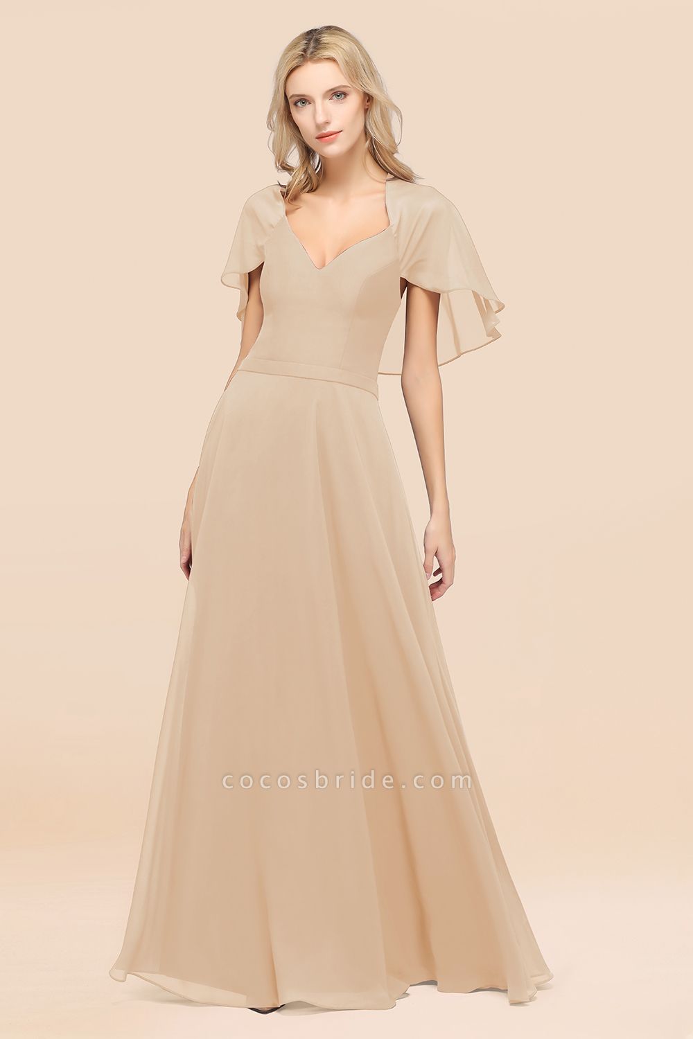 A-Line Chiffon Satin V-Neck short-sleeves Floor-Length Bridesmaid Dress