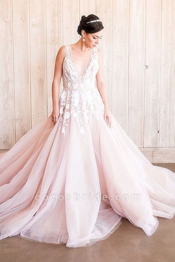 Beautiful A-line Deep V-neck Wide Straps Open Back Appliques Lace Tulle Wedding Dress